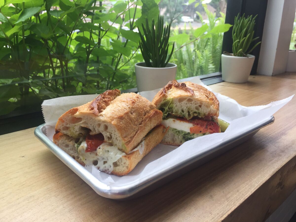 A sourdough Caprese sandwich at Live Culture Cafe in Leucadia.