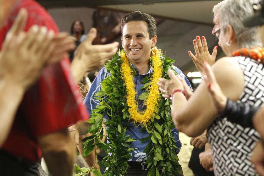 Sen. Brian Schatz at his headquarters in Honolulu on Saturday night. He holds a narrow lead over Democratic challenger Colleen Hanabusa after an emotionally fraught primary campaign.