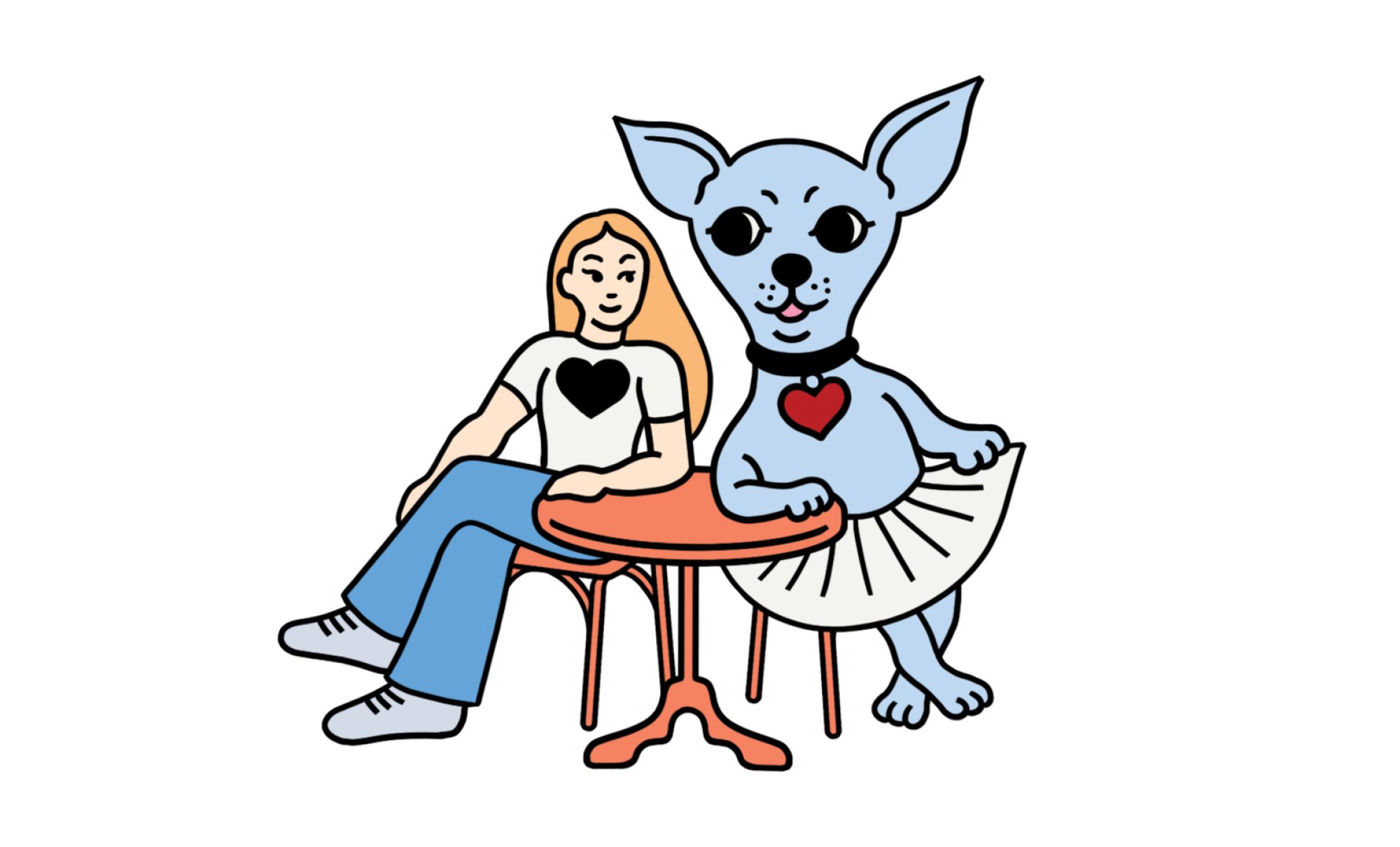 illustration of a chihuahua and a woman sitting at a table together