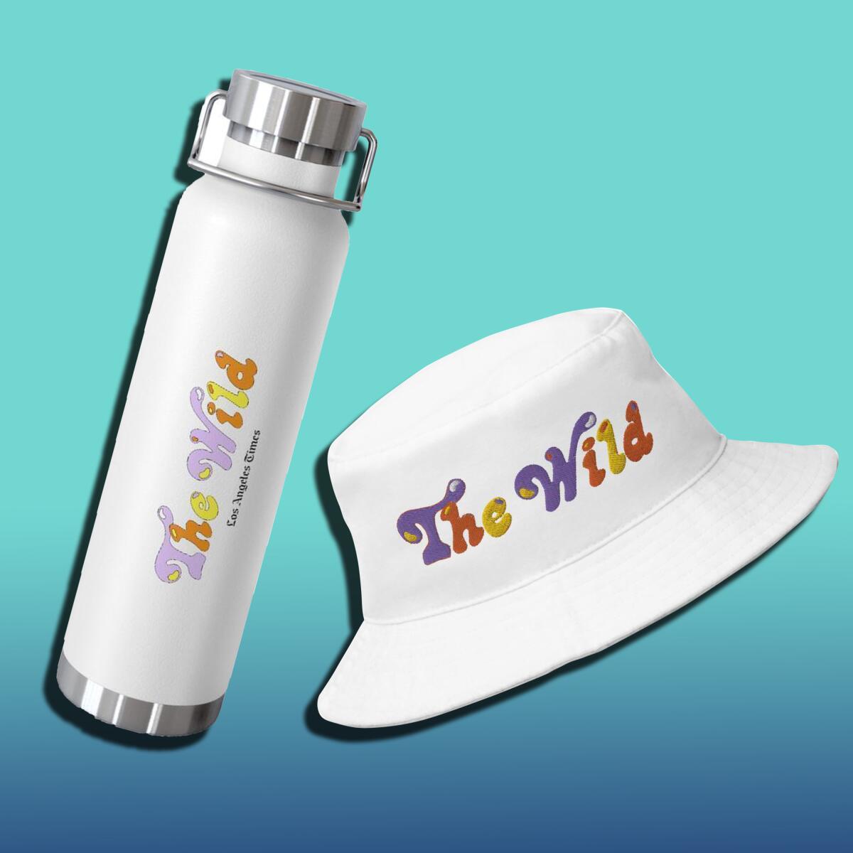 A water bottle and bucket hat that say "The Wild"