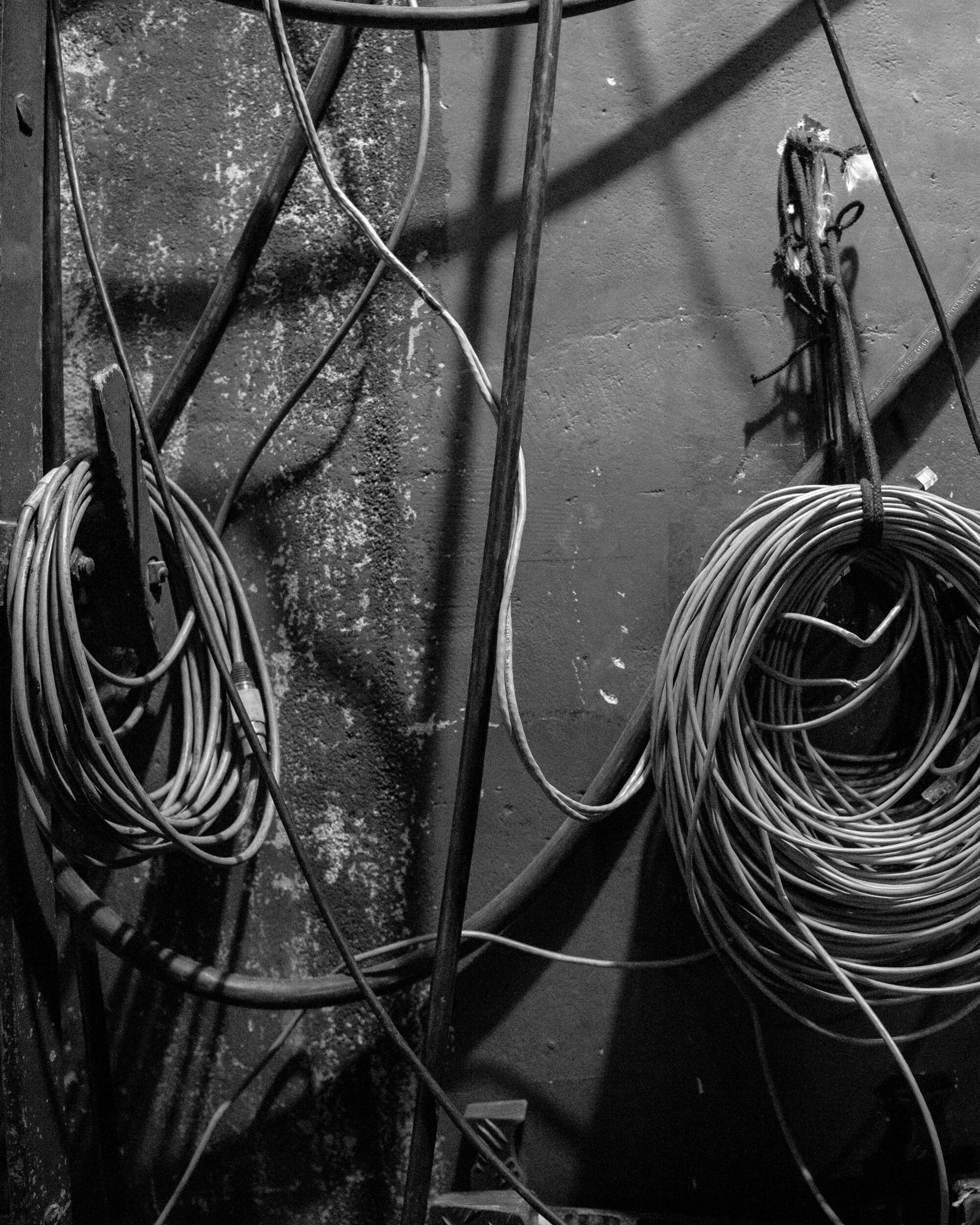 Coils of wires backstage. 