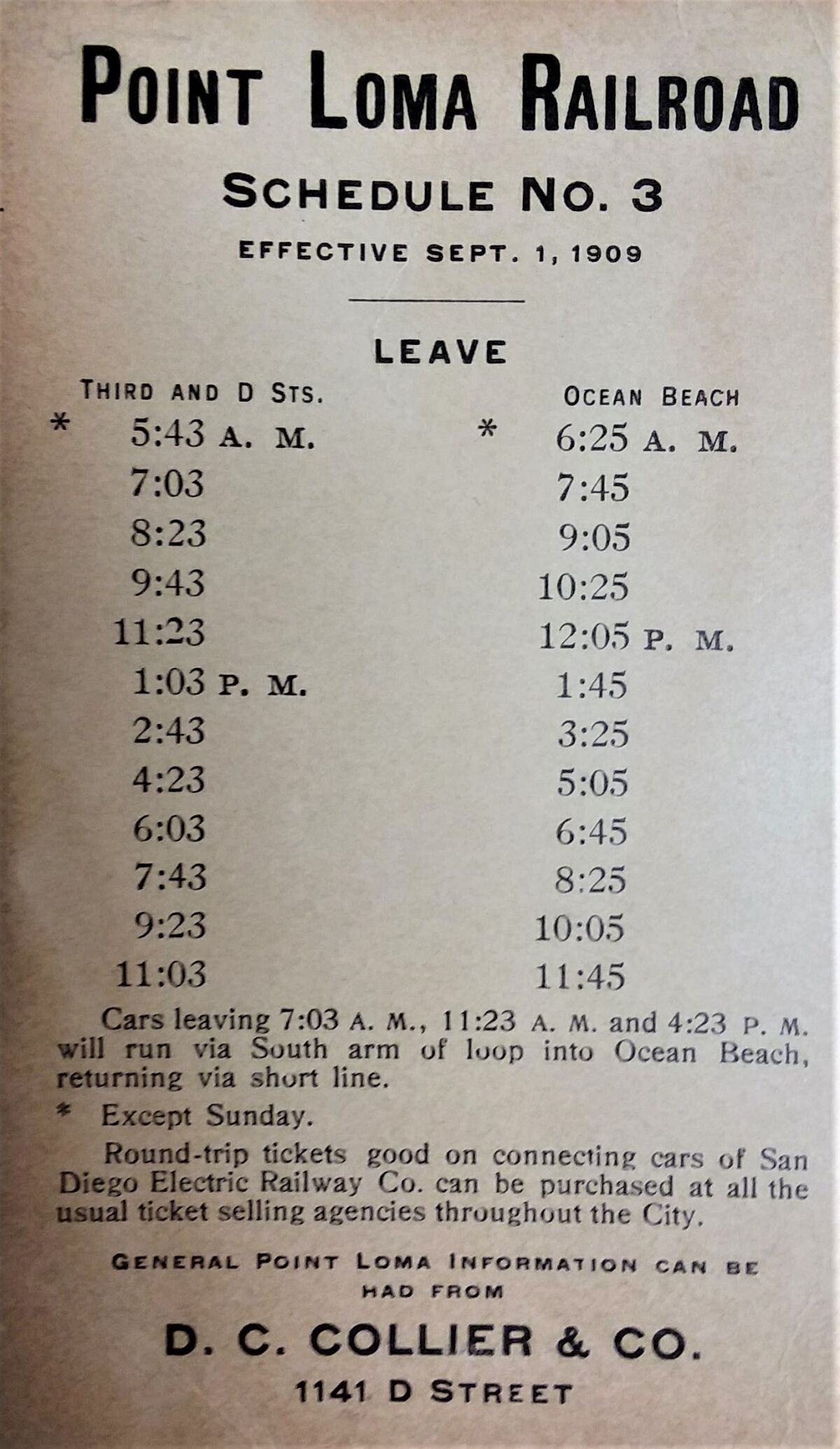 The Point Loma Railroad's daily schedule from 1909.