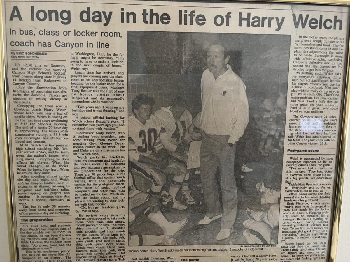 Framed story from the 1980s of former Canyon coach Harry Welch on his trip for a football game at Ridgecrest Burroughs.