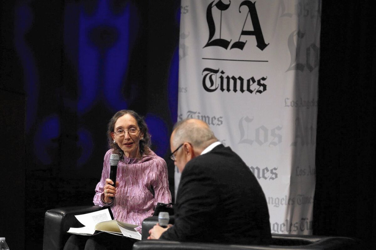 Author Joyce Carol Oates talks with Michael Silverblatt during the Los Angeles Times Festival of Books at USC on April 19, 2015.