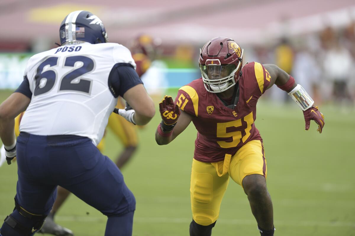 USC defensive end Solomon Byrd chases the ball during a win over Nevada on Sept. 2.