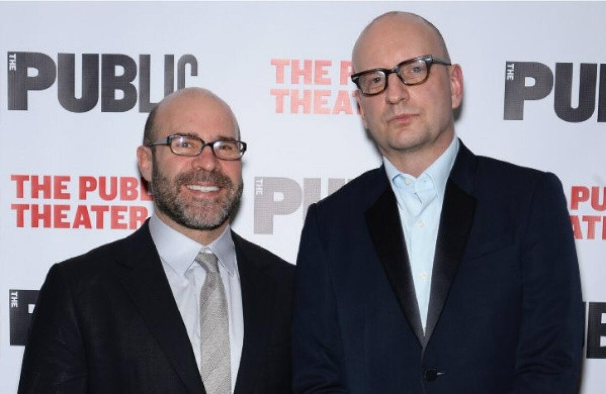 Scott Z. Burns, left, and Steven Soderbergh attend an opening-night celebration of "The Library" on Tuesday at the Public Theater in New York.