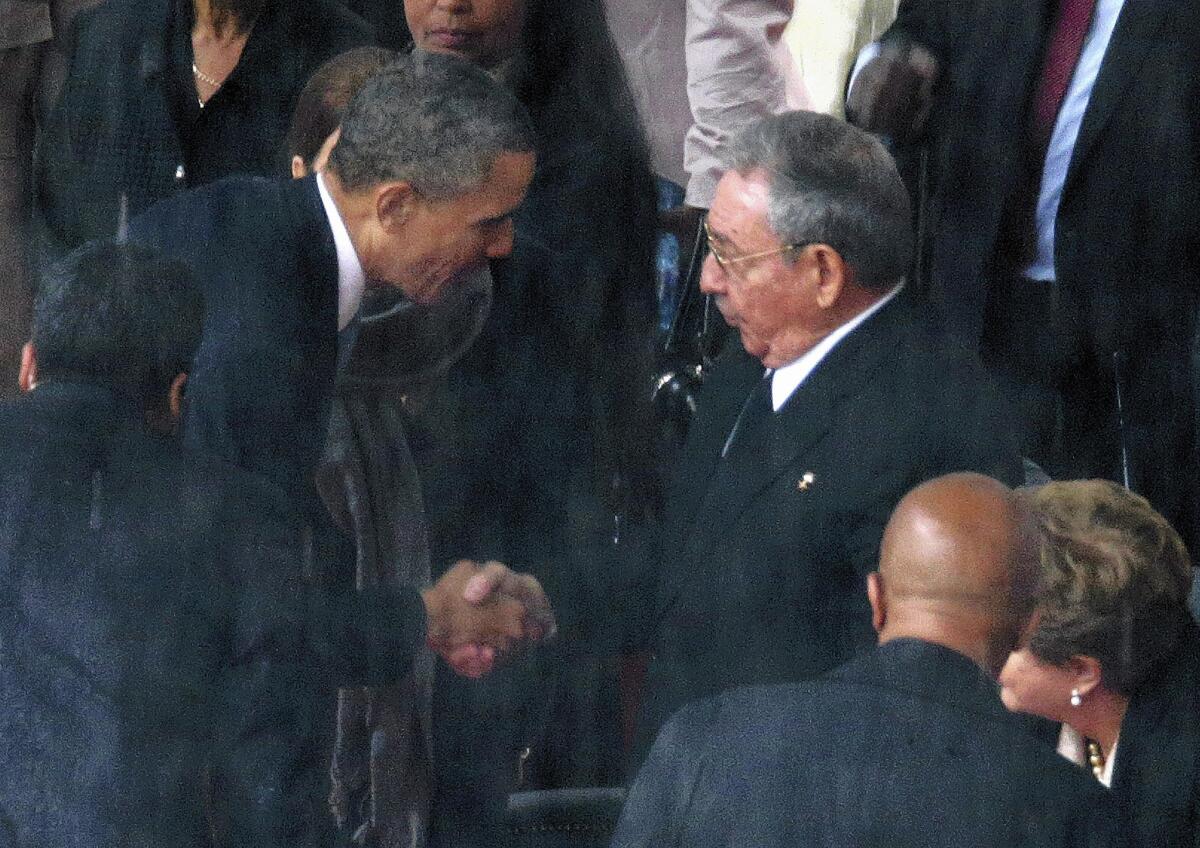 Some Republican lawmakers criticized President Obama for shaking hands with his Cuban counterpart, Raul Castro, at the memorial service for Nelson Mandela in Johannesburg, South Africa.