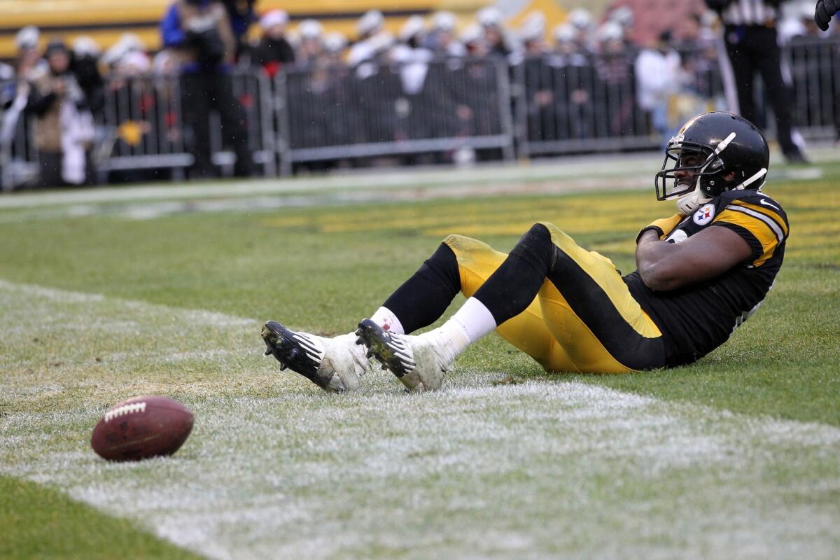 Jerricho Cotchery of the Pittsburgh Steelers holds his shoulder in the end zone during the game against the Cleveland Browns on Sunday.