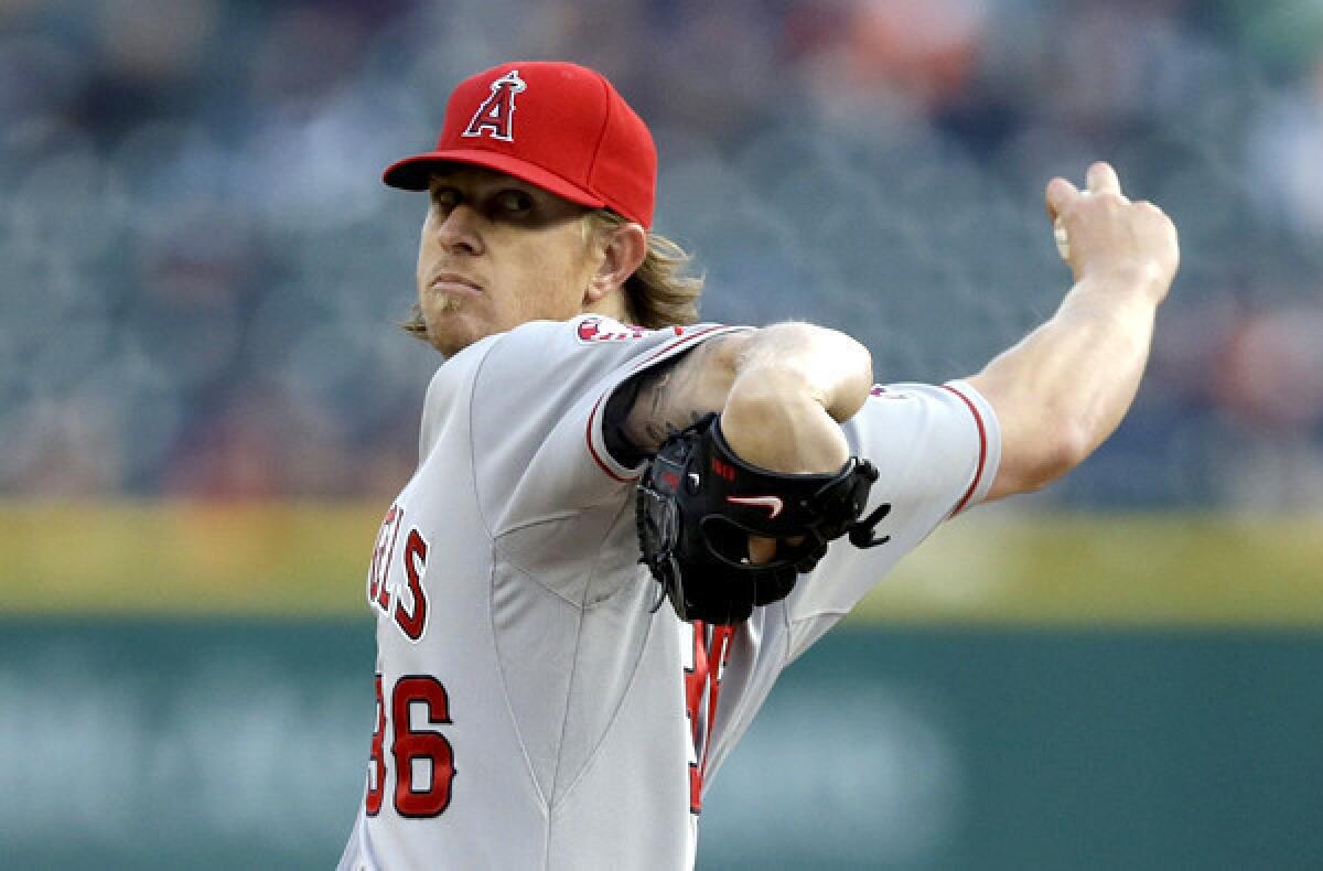 Angels starting pitcher Jered Weaver went six innings against the Tigers on Friday night in Detroit, giving up three hits, three walks and one run.