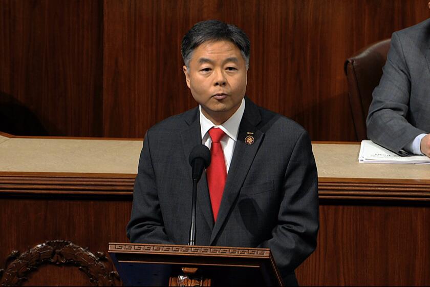 Rep. Ted Lieu, D-Calif., speaks as the House of Representatives debates the articles of impeachment against President Donald Trump at the Capitol in Washington, Wednesday, Dec. 18, 2019. (House Television via AP)