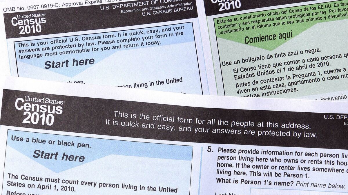 Copies of the 2010 Census forms in Phoenix. The 2020 U.S. Census will add a question about citizenship status, a move that brought swift condemnation from Democrats who said it would intimidate immigrants and discourage them from participating.