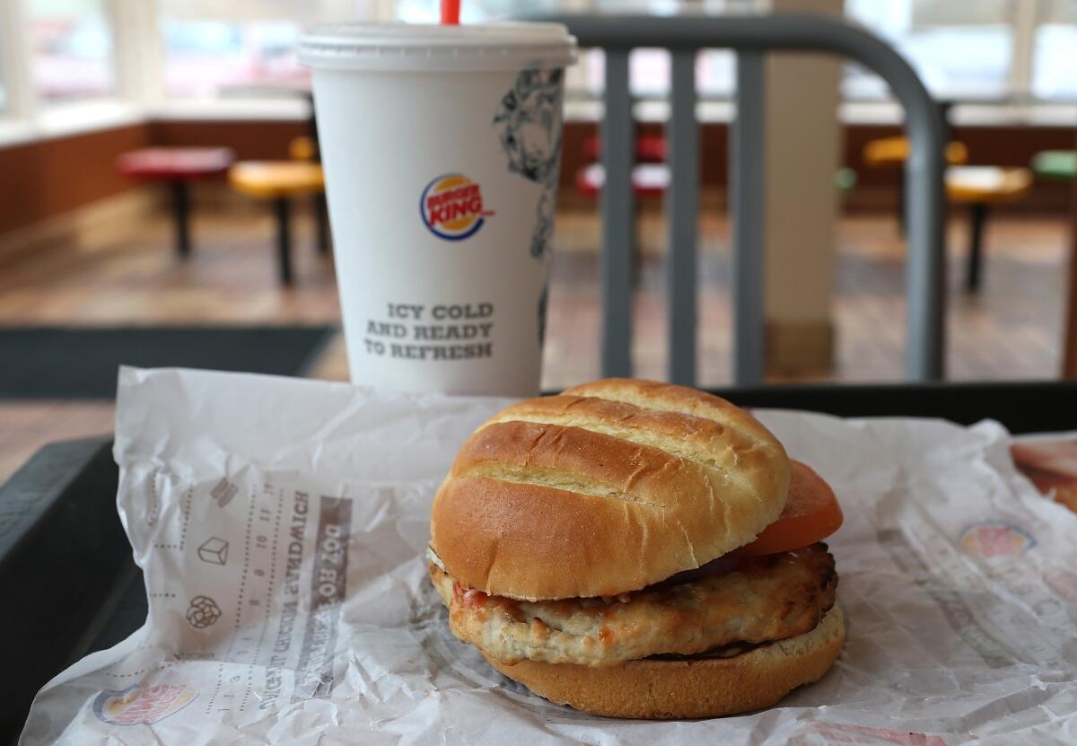 A Burger King turkey burger and drink. The fast food franchise is testing a delivery service in Glendale.