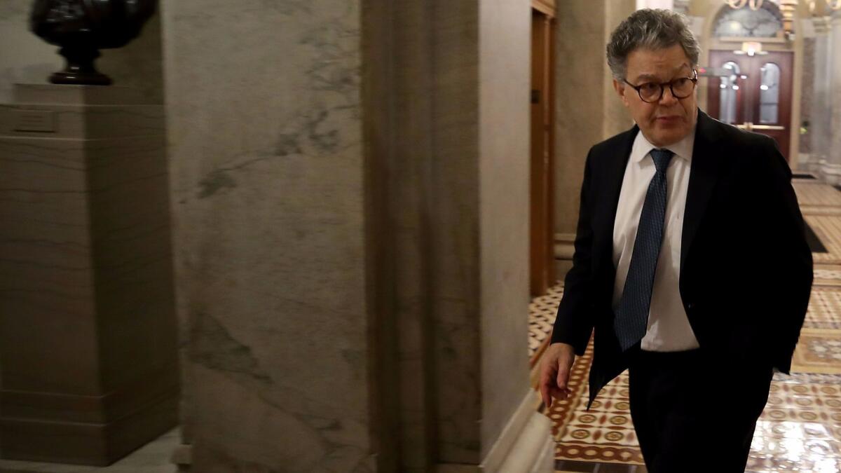 Sen. Al Franken (D-Minn.) outside the Senate chamber last week. He plans a statement on his future amid mounting calls from fellow Democrats for his resignation.