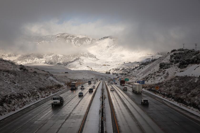 GORMAN CA NOVEMBER 27, 2019 -- Snow blankets the top of the Tejon Pass on the I-5 at 4,160 feet between Gorman and Frazier Park linking Southern California to the Central Valley remains open Wednesday morning, November 27, 2019, as a powerful storm moves through California. (Al Seib / Los Angeles Times)