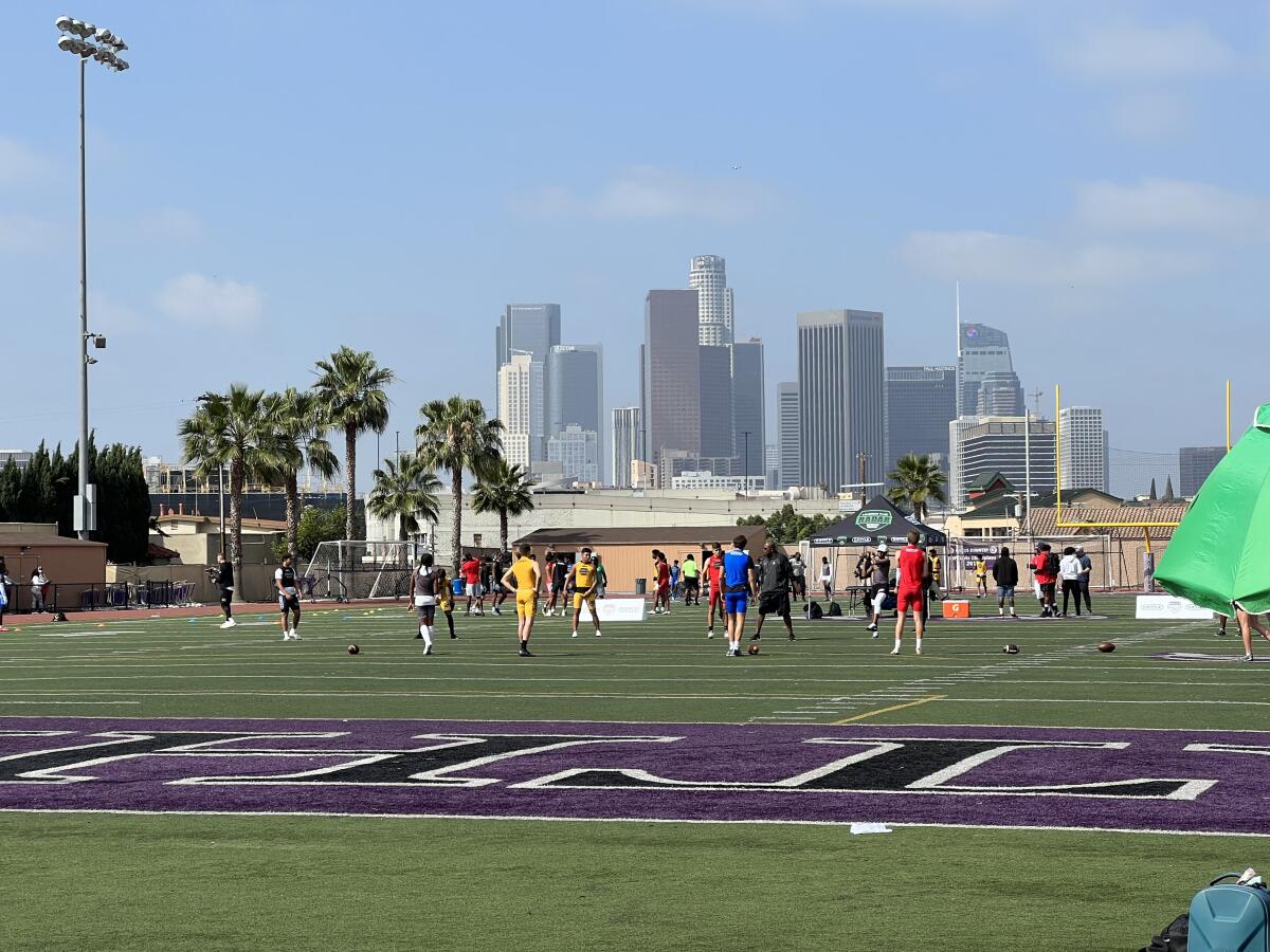 The view of downtown Los Angeles from Cathedral High football field.