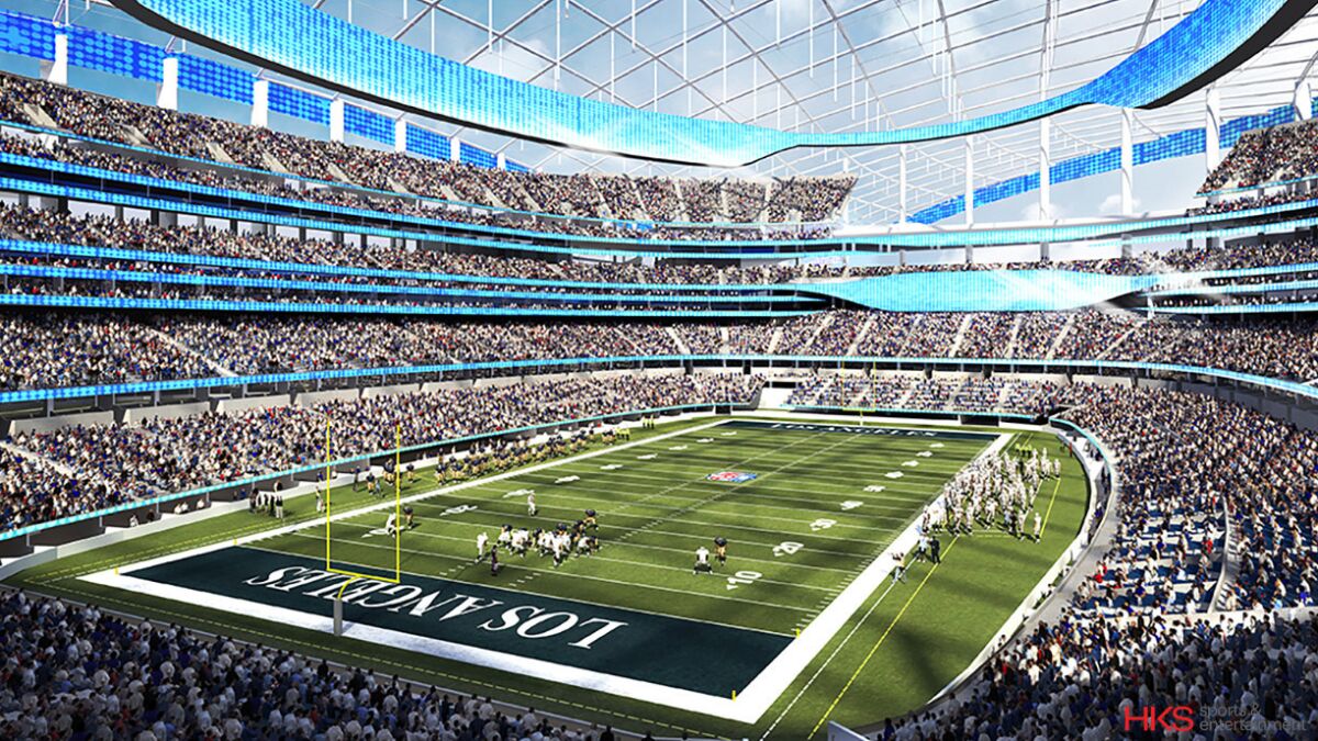 An artist's rendering of the new $5-billion SoFi Stadium in Inglewood that will be home to the Rams and Chargers starting next season.