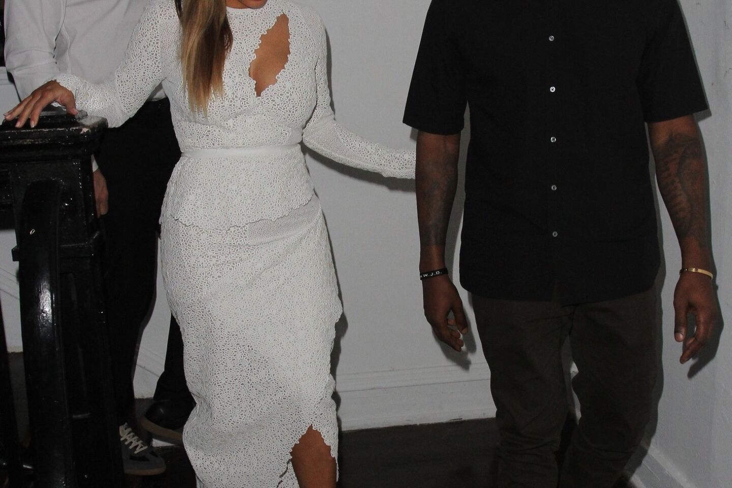Kanye West and Kim Kardashian attend DuJour Magazine's event to honor artist Marc Quinn at Delano Beach Club on Dec. 4, 2013, in Miami Beach.