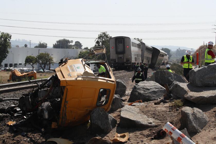 Moorpark, CA - June 28: An Amtrak passenger train derailed in Moorpark after colliding with a truck in Moorpark Wednesday, June 28, 2023. (Allen J. Schaben / Los Angeles Times)