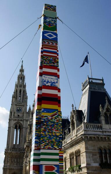 Picture shows the world's tallest standing Lego tower at 29.48 metres in front of the city hall in Vienna on Oct. 5, 2008.