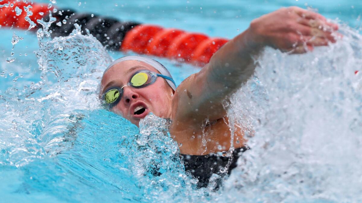 Newport Harbor High swimmer Ayla Spitz does the varsity girls 200 yard freestyle event at the 2018 CIF SS Division 1 Swimming and Diving Championships at Riverside City College Aquatics Center in Riverside on Saturday, May 12, 2018.