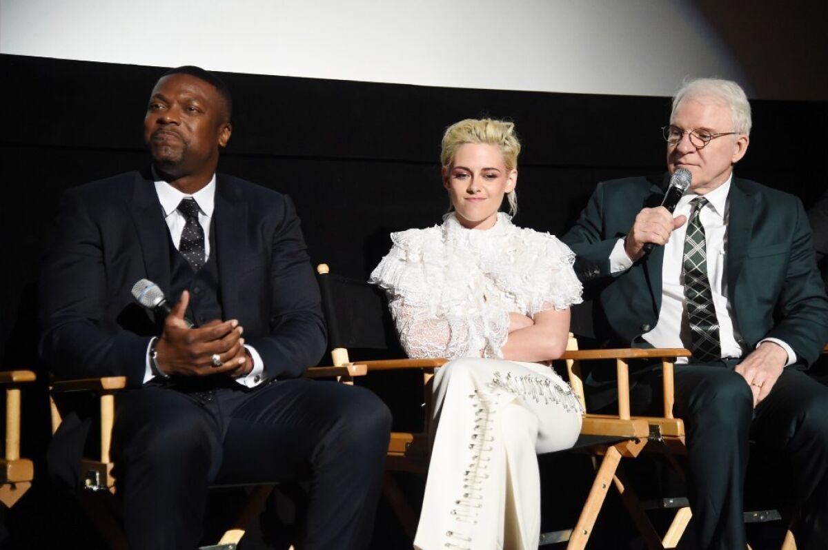 "Billy Lynn" cast members Chris Tucker, left, Kristen Stewart and Steve Martin at the film's New York Film Festival Q&A;.