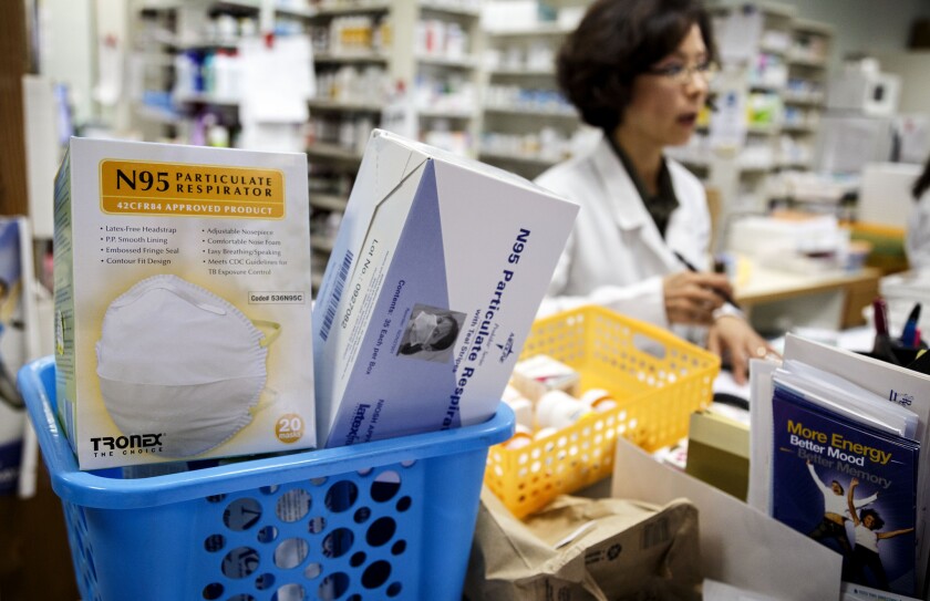 Assorted health products on the counter at Woori Pharmacy in Koreatown.