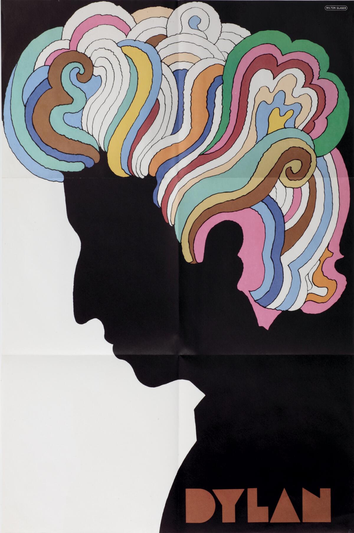 Milton Glaser's 1967 poster insert for "Bob Dylans Greatest Hits," offset print, 83.3 centimeters by 56 centimeters. (Andreas Stterlin / Milton Glaser / Vitra Design Museum)