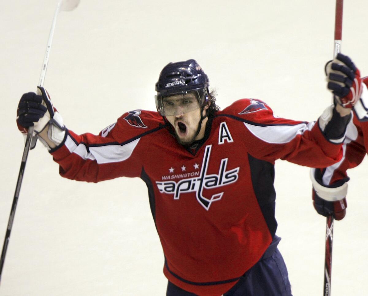 Capitals forward Alexander Ovechkin celebrates a goal. He became just the fourth player to score 30+ goals in his first 10 seasons.