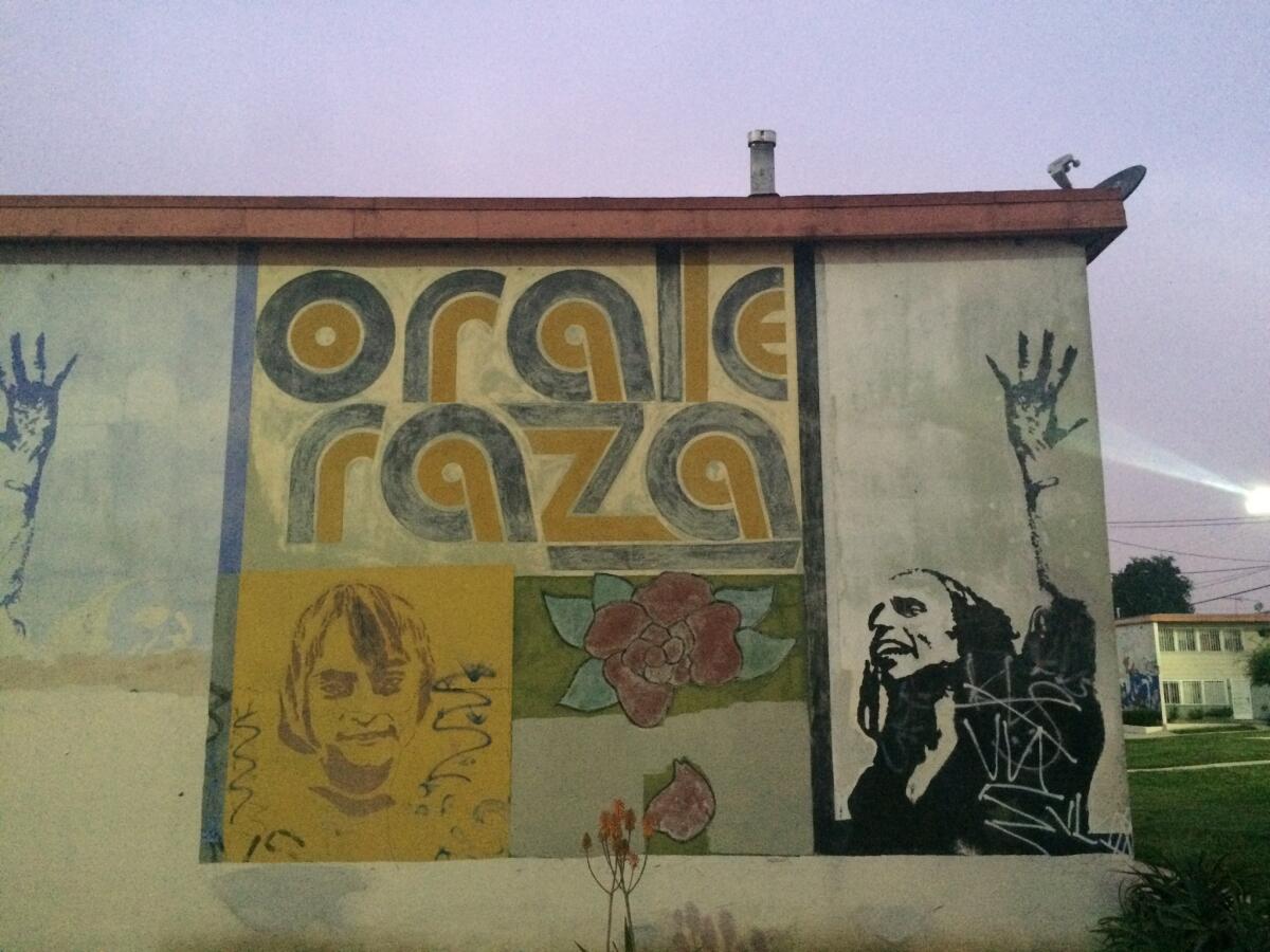 Frank Fierro's 'Orale Raza' mural at the Estrada Courts houses in Boyle Heights.