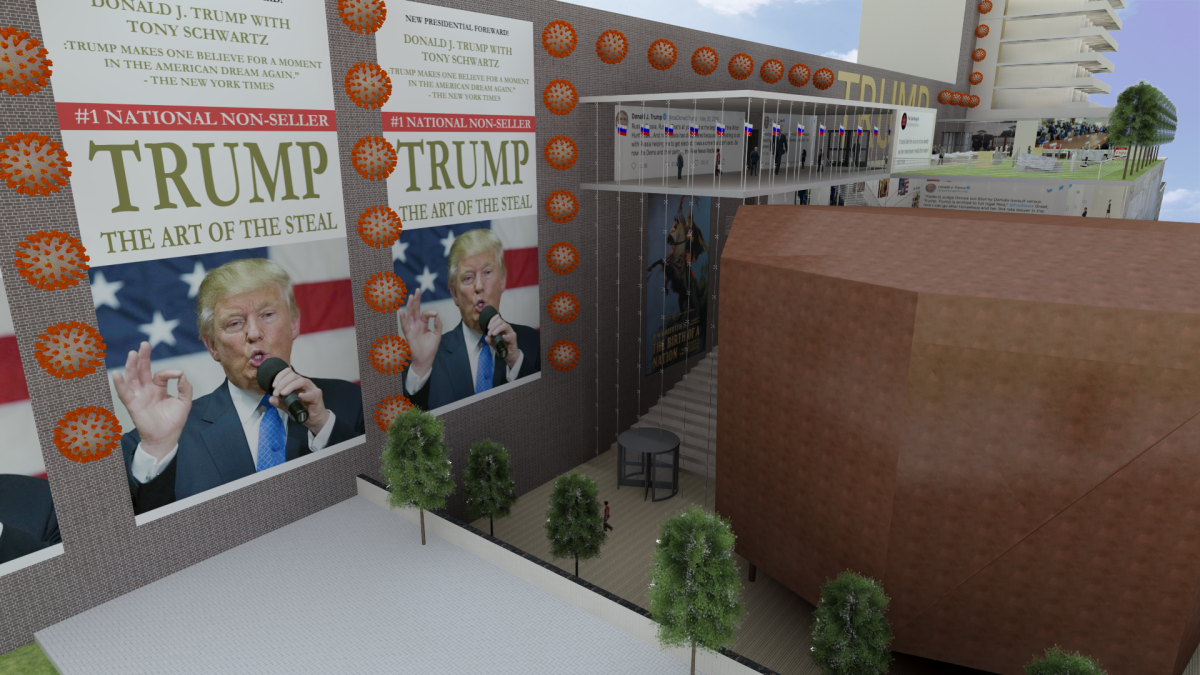 A rendering shows a building entry framed by depictions of the novel coronavirus and a take on Trump's "Art of the Deal"