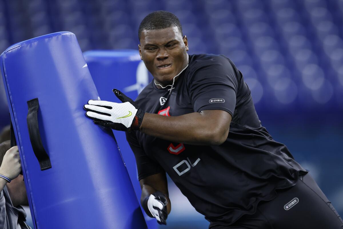 Defensive lineman Derrick Brown of Auburn runs a drill during the NFL combine in February.