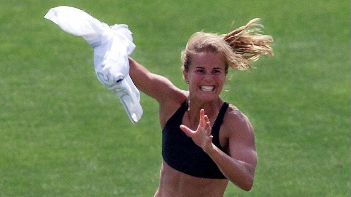 Brandi Chastain celebrates her game-winning shootout kick for the U.S. during the 1999 women's World Cup final against China.
