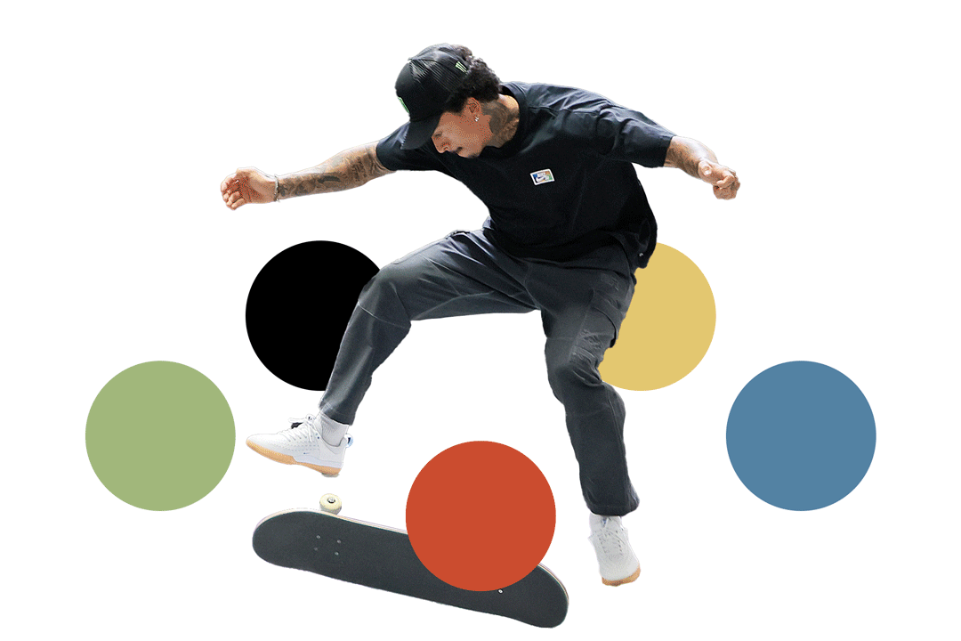 Skateboarder Nyjah Huston with circles in Olympics colors rotating around him
