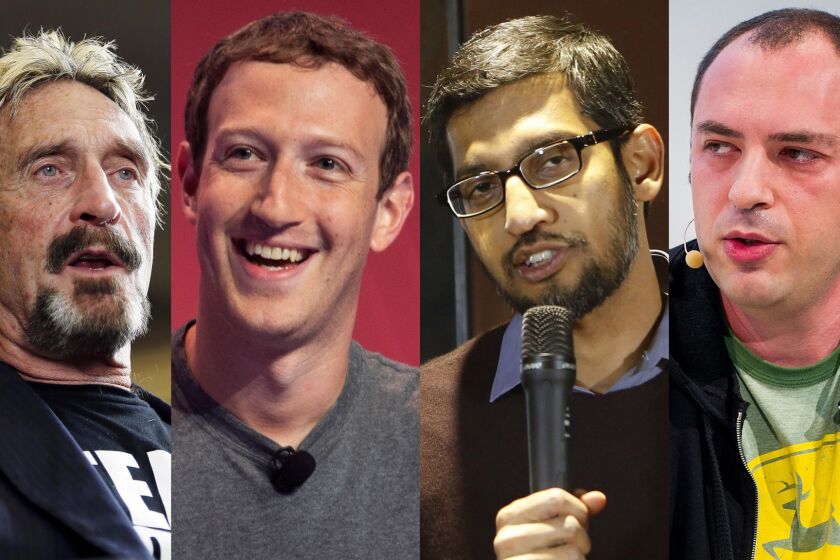 Antivirus software developer John McAfee, from left, Facebook CEO Mark Zuckerberg, Google chief Sundar Pichai and WhatsApp CEO Jan Koum have weighed in on the controversy over unlocking a terrorist's iPhone.