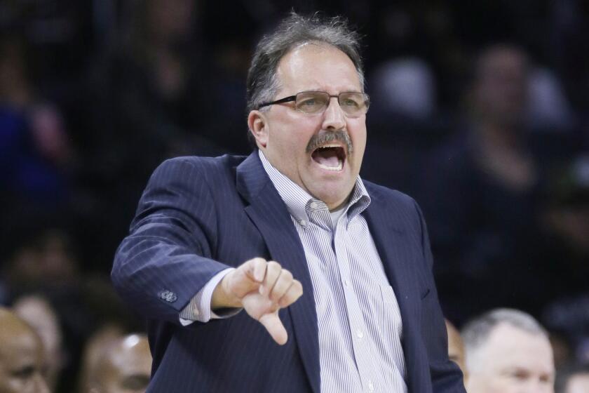 Detroit Pistons Coach Stan Van Gundy gestures during the first half of the Lakers' 106-96 win Tuesday.