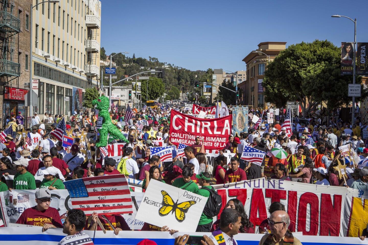 Demonstrators gather at Hollywood and Western.