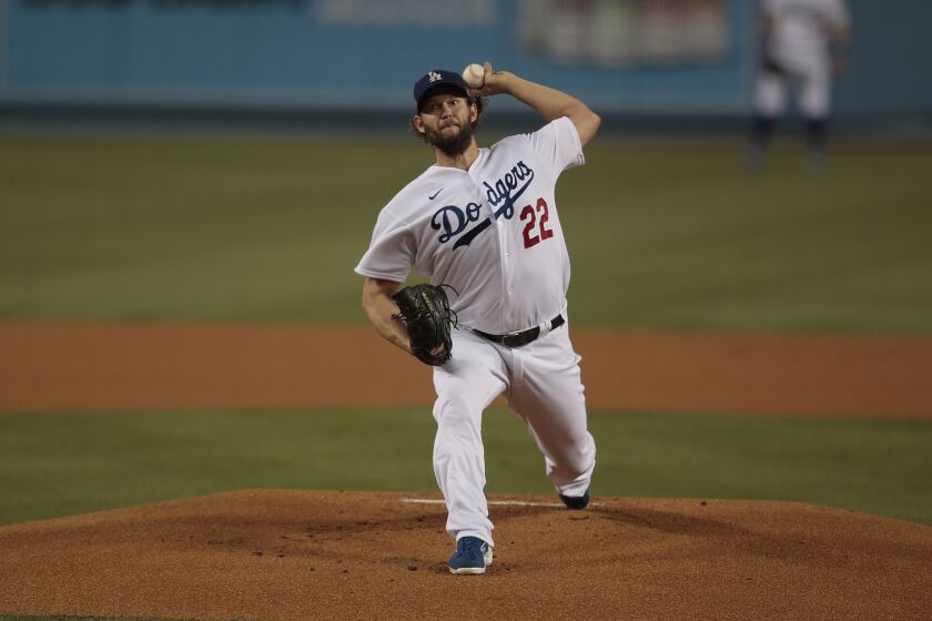 Los Angeles, CA, Thursday, Oct., 1, 2020 - Los Angeles Dodgers starting pitcher Clayton Kershaw (22) delivers a second inning pitch against the Brewers in game two of the MLB Wild Card playoffs at Dodger Stadium. (Robert Gauthier/ Los Angeles Times)