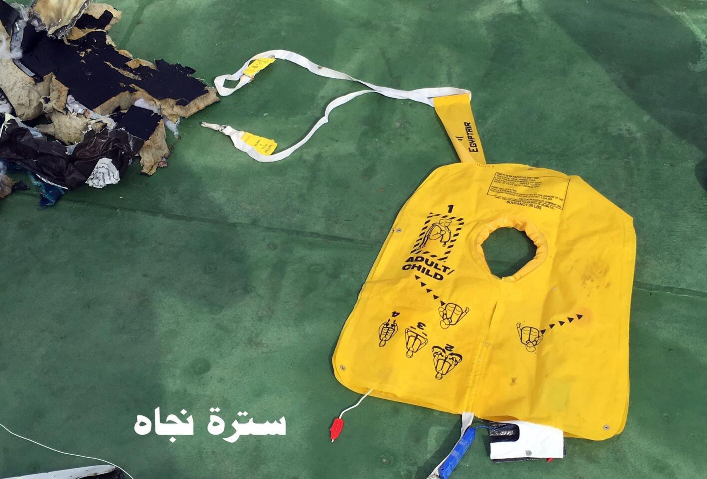 A handout picture made available by the Egyptian Defense Ministry shows a life jacket from EgyptAir Flight 804.