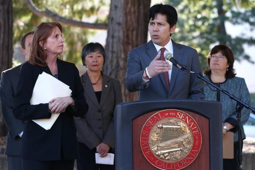 California Sen. Noreen Evans (D-Santa Rosa), left, looks on as Sen. Kevin de Leon (D-Los Angeles) speaks during a news conference in Santa Rosa where they proposed that mock guns be produced in bright colors.