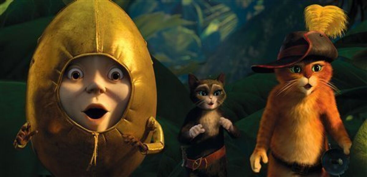 In this image released by Paramount Pictures, from left, Humpty Dumpty, voiced by Zach Galifianakis, Kitty Softpaws, voiced by Salma Hayek, and Puss in Boots, voiced by Antonio Banderas, are shown in a scene from "Puss in Boots." (AP Photo/Paramount Pictures)
