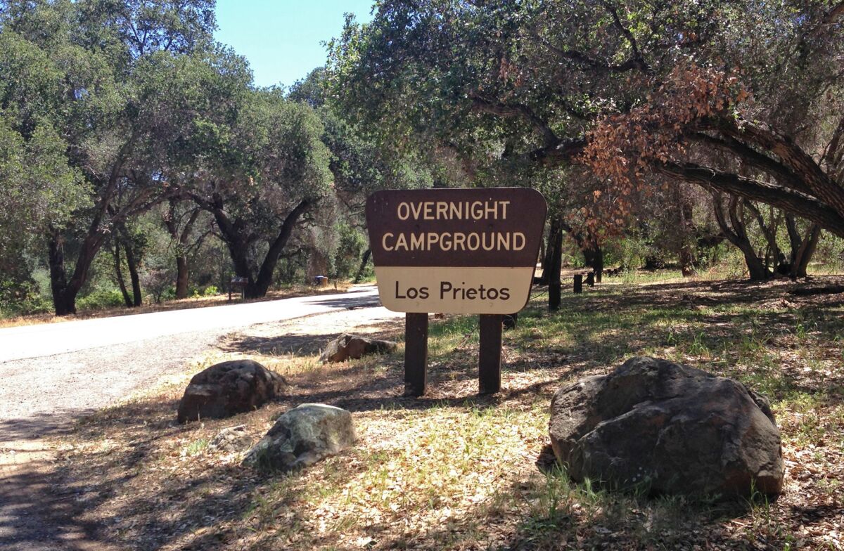 The entrance to Los Prietos Campground. Getting away from bathrooms and trash areas makes for a more restful night.