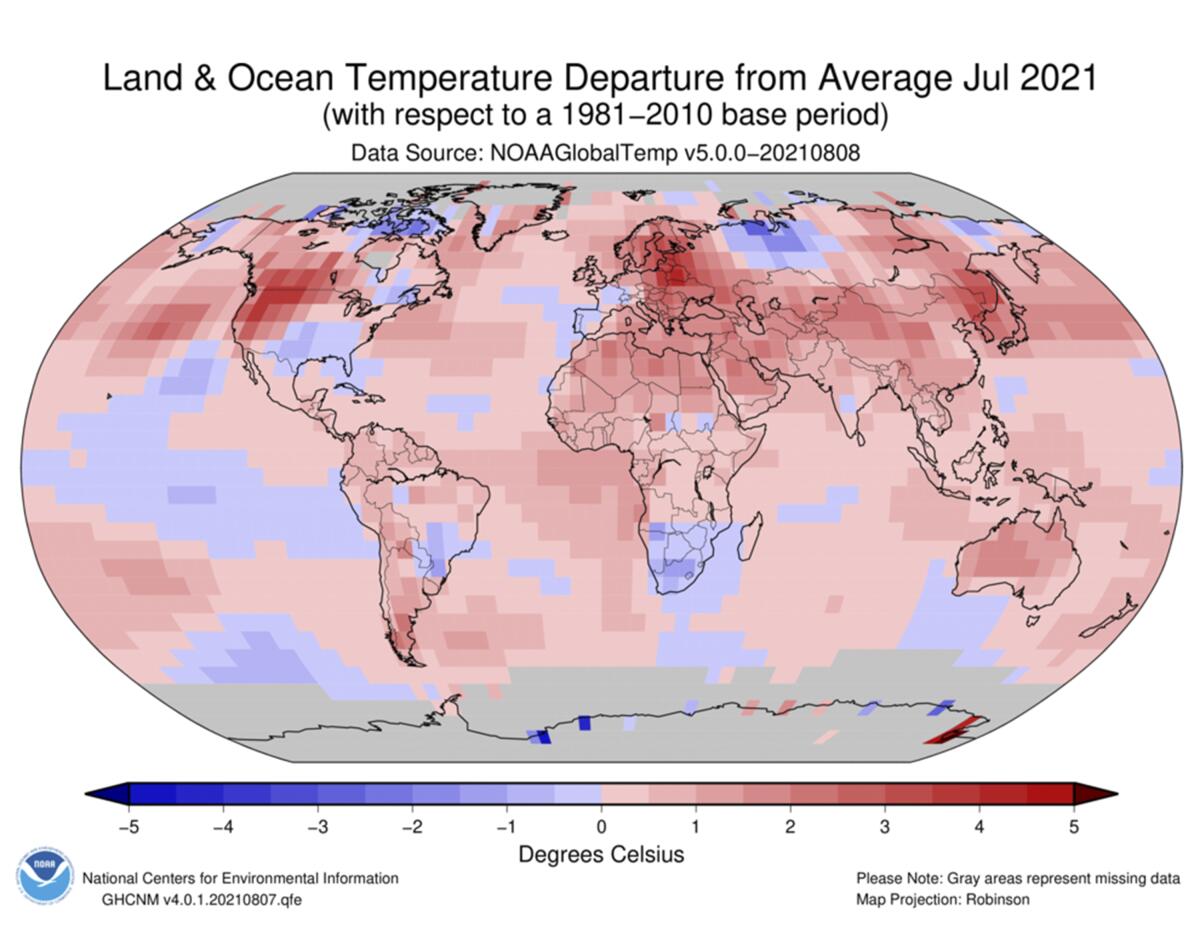 This image shows temperature differences from average values in July 2021 around the world. 