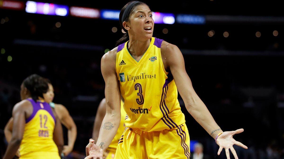 Sparks' Candace Parker reacts to a foul call on her during the second half against the New York Liberty on Friday.