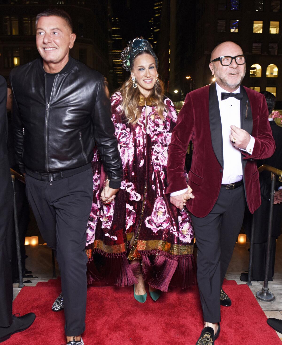 Designers Stefano Gabbana, left, and Domenico Dolce arrive at the New York Public Library for Dolce & Gabbana's Alta Gioielleria presentation with Sarah Jessica Parker on April 6.