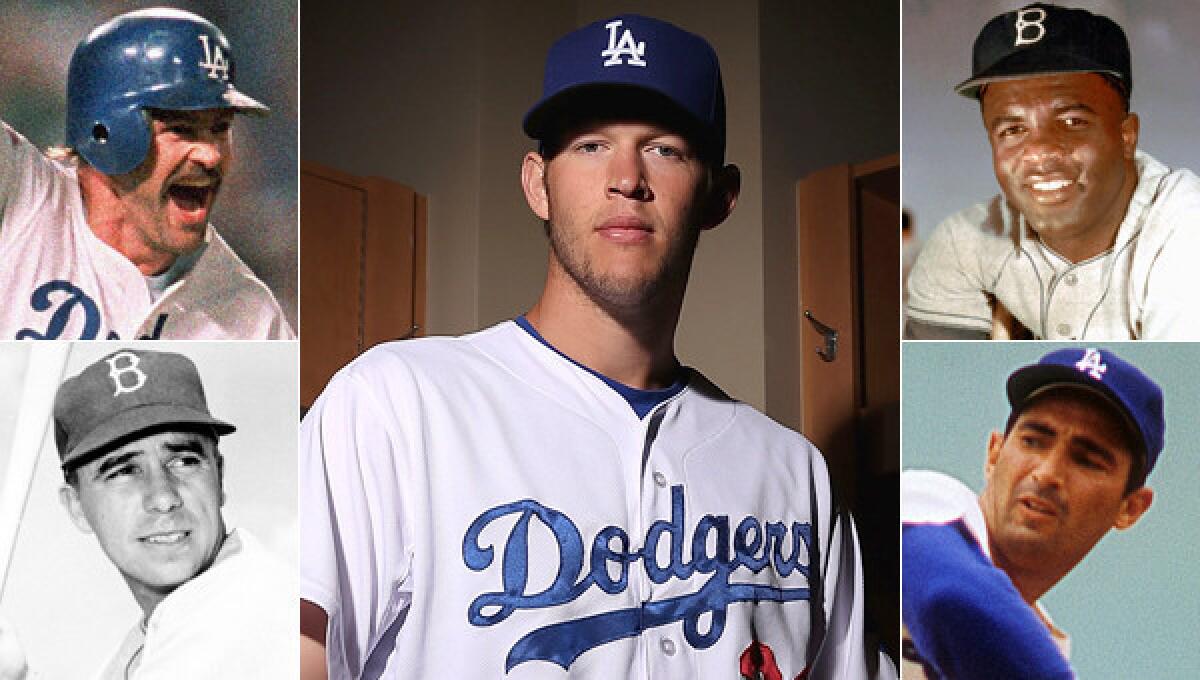 Several players have made lasting impacts on the Dodgers over the team's long history, including (clockwise from bottom left) Pee Wee Reese, Kirk Gibson, Clayton Kershaw, Jackie Robinson and Sandy Koufax.