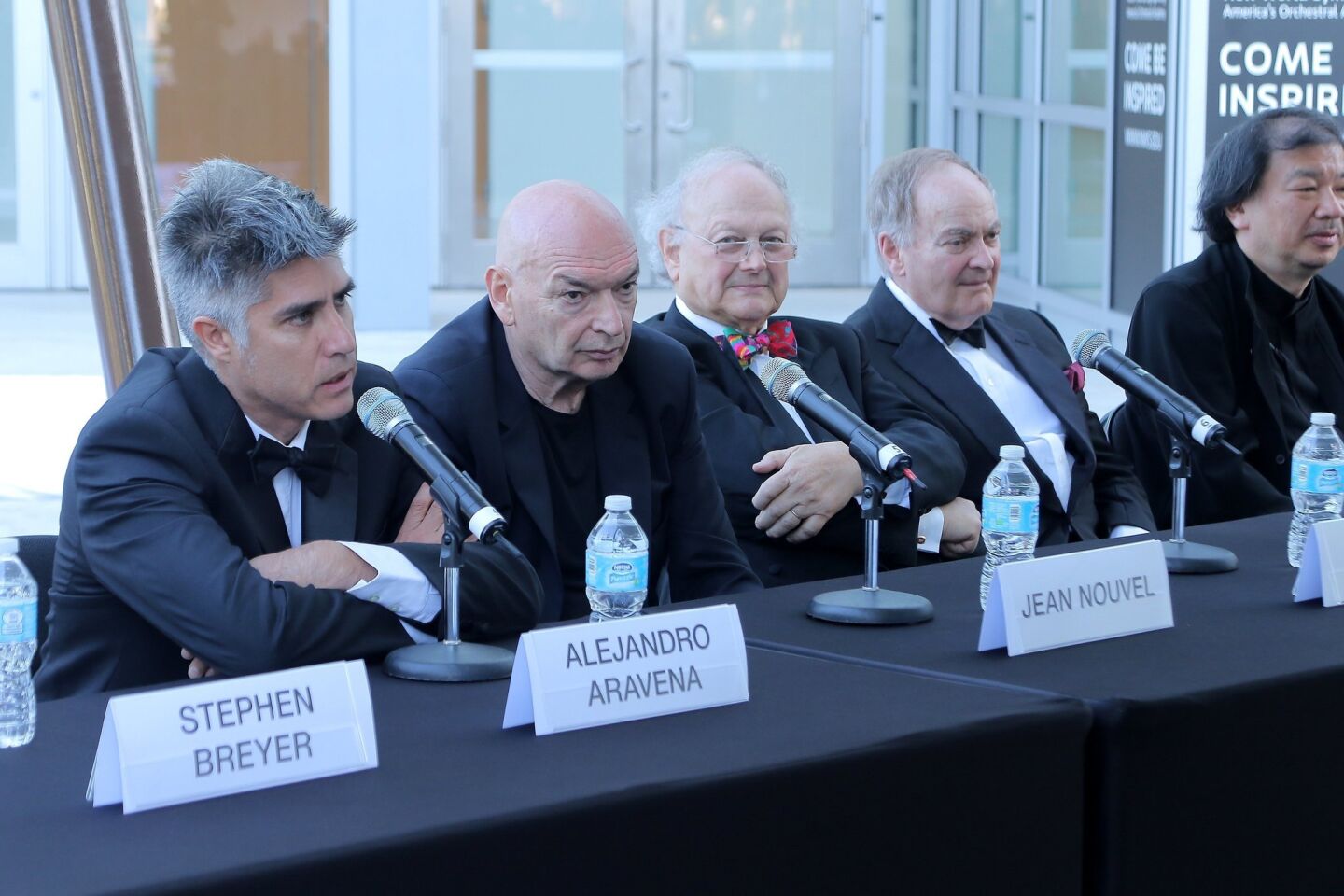 Chilean architect Alejandro Aravena at the Pritzker Prize ceremony in Miami Beach, with (left to right) a very high-profile panel consisting of Jean Nouvel, Glenn Murcutt, Lord Peter Palumbo and Shigeru Ban.