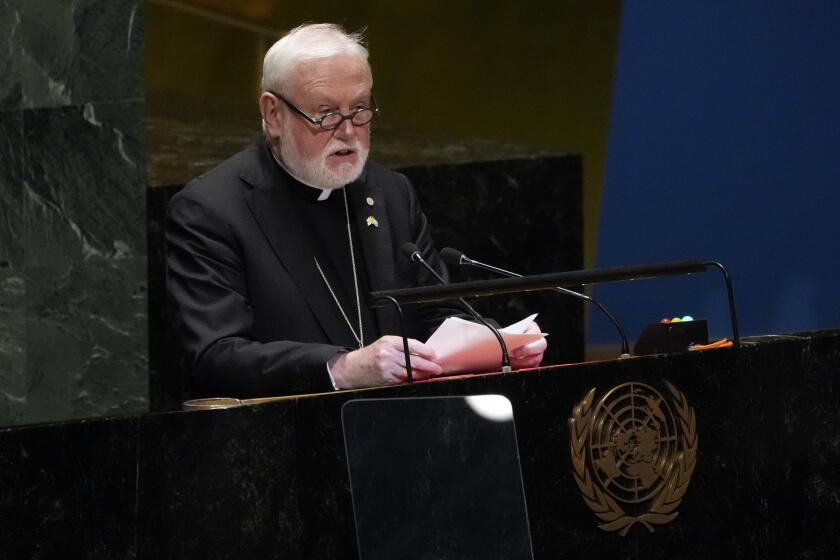 The Holy See Secretary of State Archbishop Paul Richard Gallagher addresses the 78th session of the United Nations General Assembly, Tuesday, Sept. 26, 2023. (AP Photo/Richard Drew)