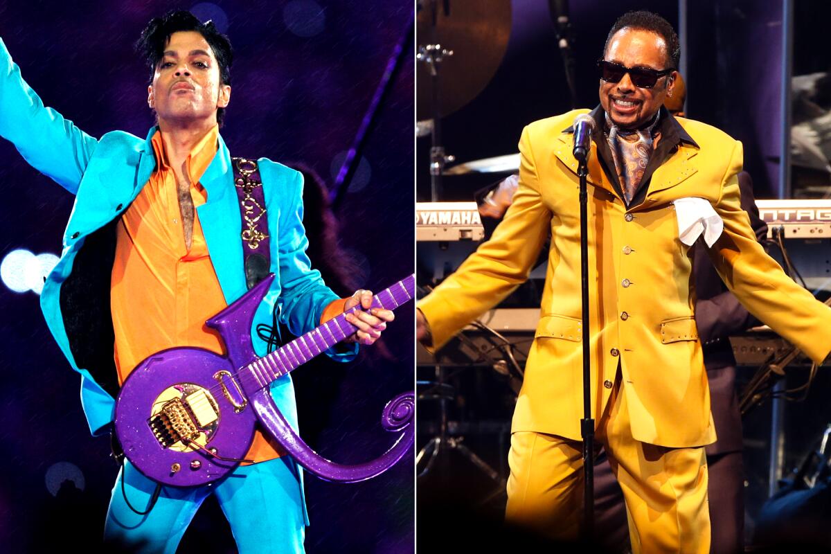 Side-by-side photos of Prince in a blue suit and Morris Day in a yellow suit.