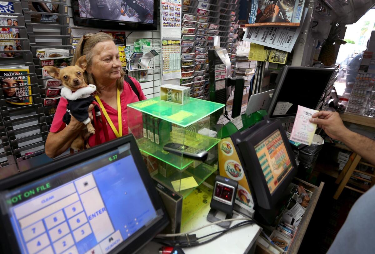 Marie Steele holds her dog, Little Bit, as she purchases a Mega Millions lottery ticket at a newsstand in Hollywood, Fla.