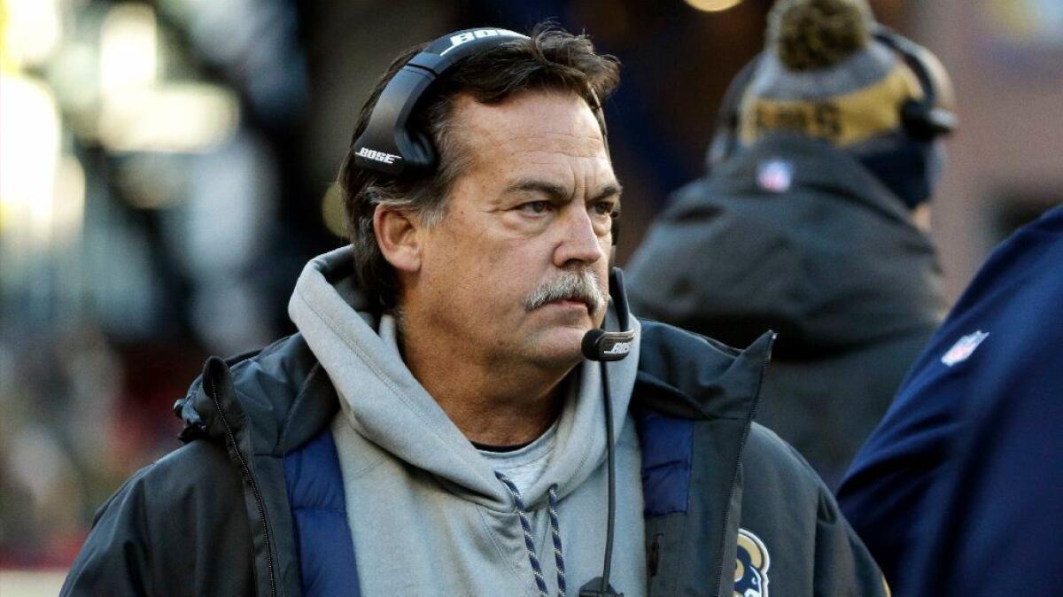Rams Coach Jeff Fisher is dressed in layers during his team's loss to the Patriots, 26-10, on Sunday in chilly Foxborough, Mass.